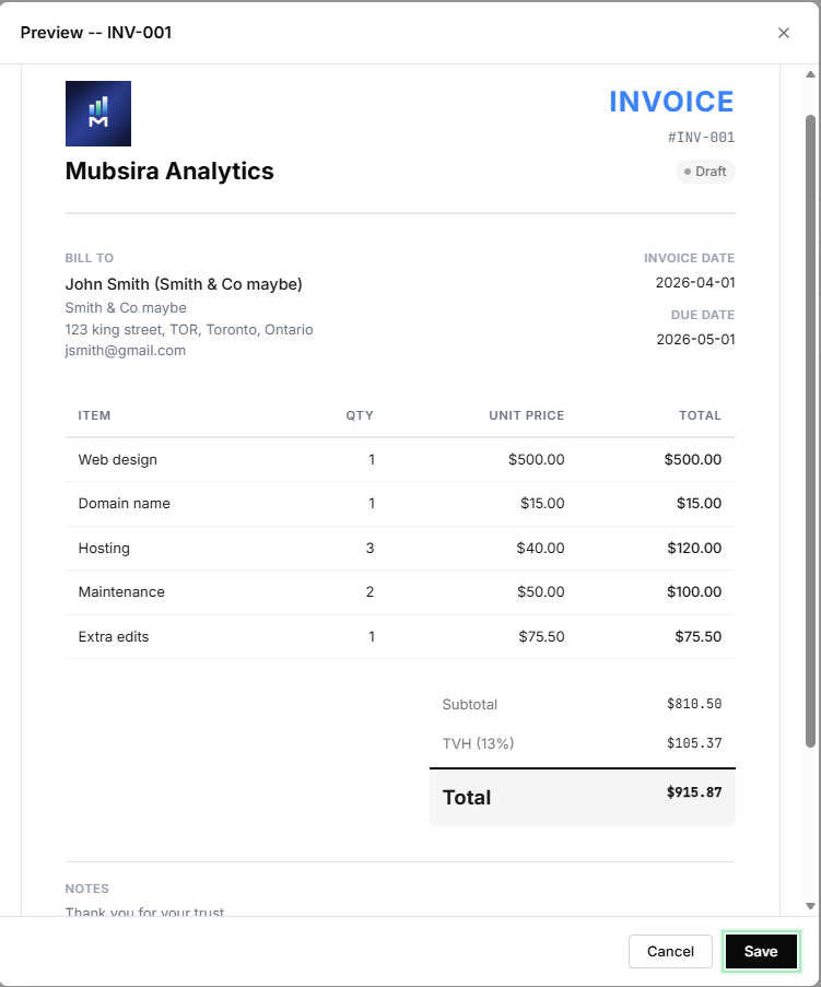 A professional invoice created in Mubsira Business with TPS and TVQ