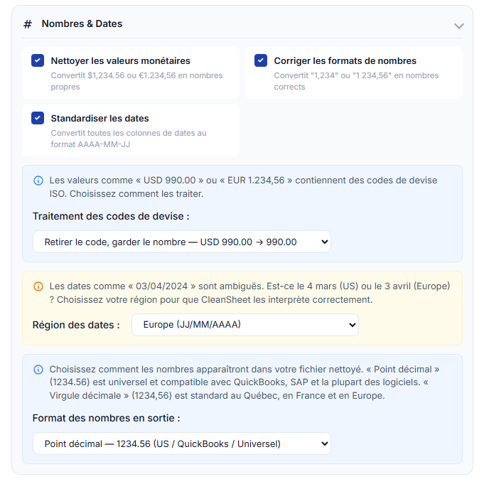 CleanSheet numbers and dates configuration panel showing clean money values enabled, currency code handling set to strip code keep number, fix number formats enabled with output set to period decimal 1234.56, standardize dates enabled with date region set to European DD/MM/YYYY format