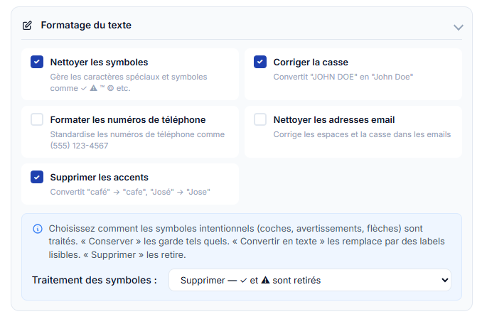 CleanSheet text formatting options panel showing clean symbols enabled with handling set to Remove symbols, fix uppercase lowercase case correction enabled, and remove accents enabled